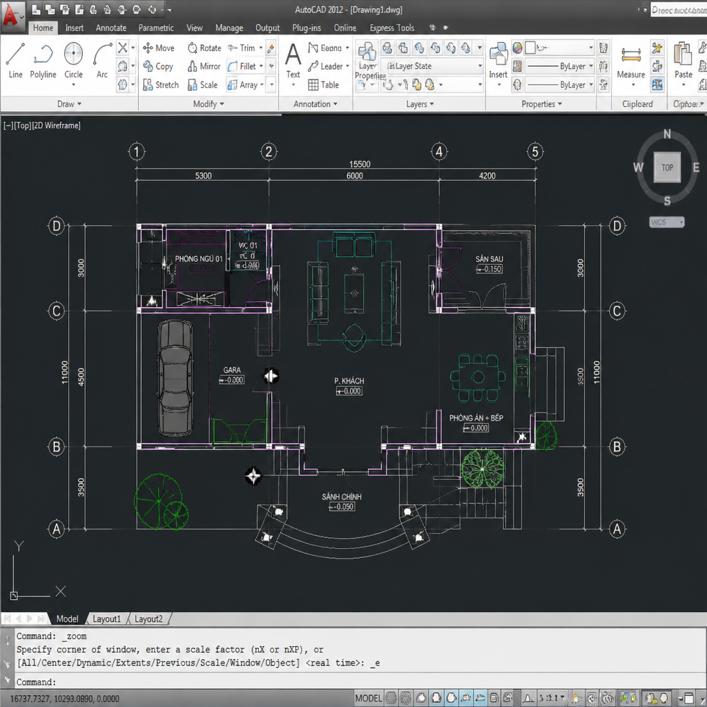 Giao diện làm việc của phần mềm AutoCAD 2012 với các công cụ thiết kế