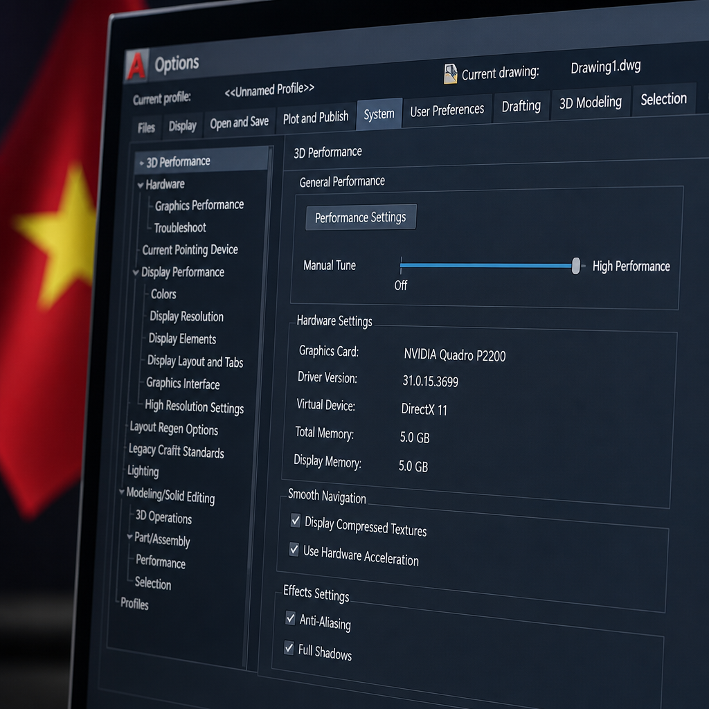 Màn hình cài đặt tối ưu hiệu suất trong AutoCAD 2019