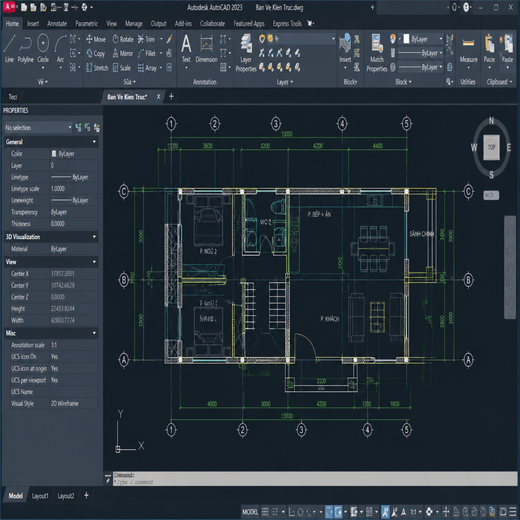 Giao diện phần mềm AutoCAD 2023 với các công cụ thiết kế