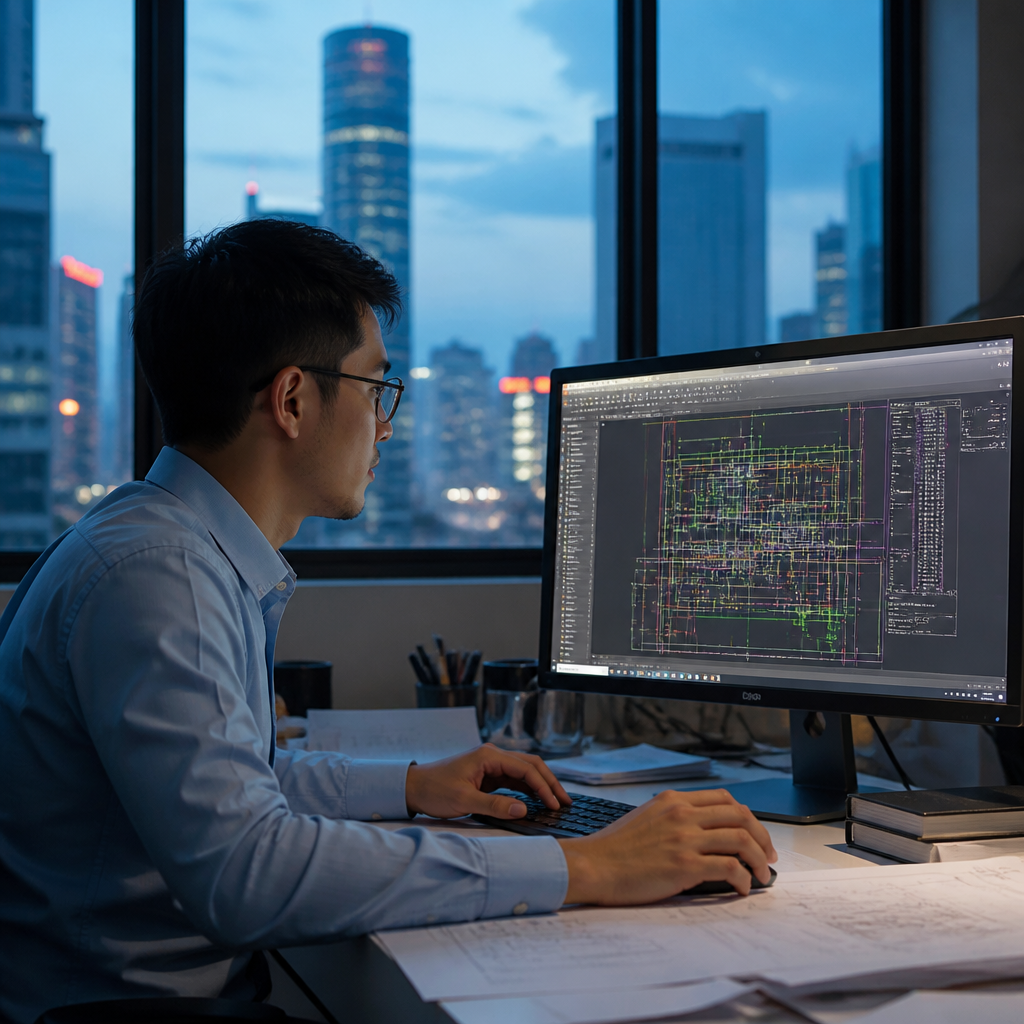 Một kỹ sư đang làm việc trên bản vẽ kỹ thuật bằng AutoCAD 2023