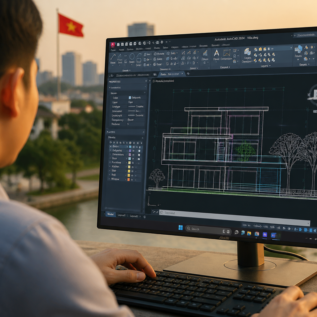 Giao diện làm việc của AutoCAD 2024 với các công cụ thiết kế chuyên nghiệp