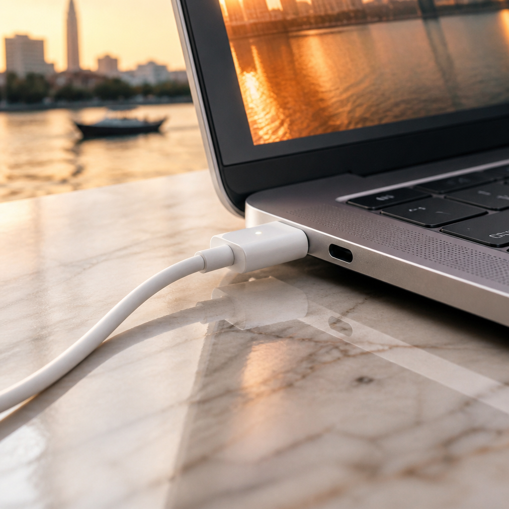 Người dùng đang cắm sạc vào laptop Dell, minh họa tầm quan trọng của việc bảo quản sạc laptop Dell