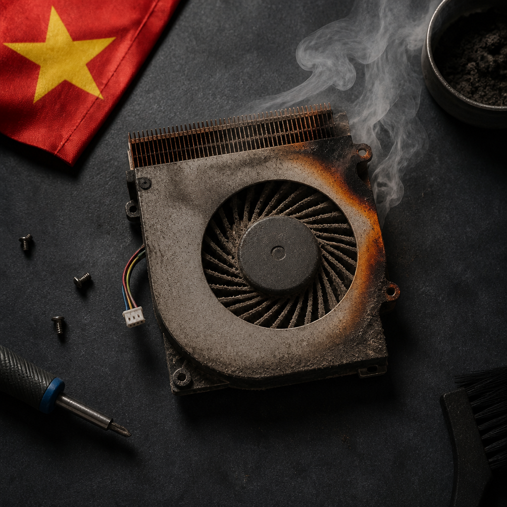 Hình ảnh một chiếc laptop được đặt trên đế tản nhiệt, quạt đang hoạt động, minh họa cách xử lý laptop nóng quá mức để kéo dài tuổi thọ laptop.