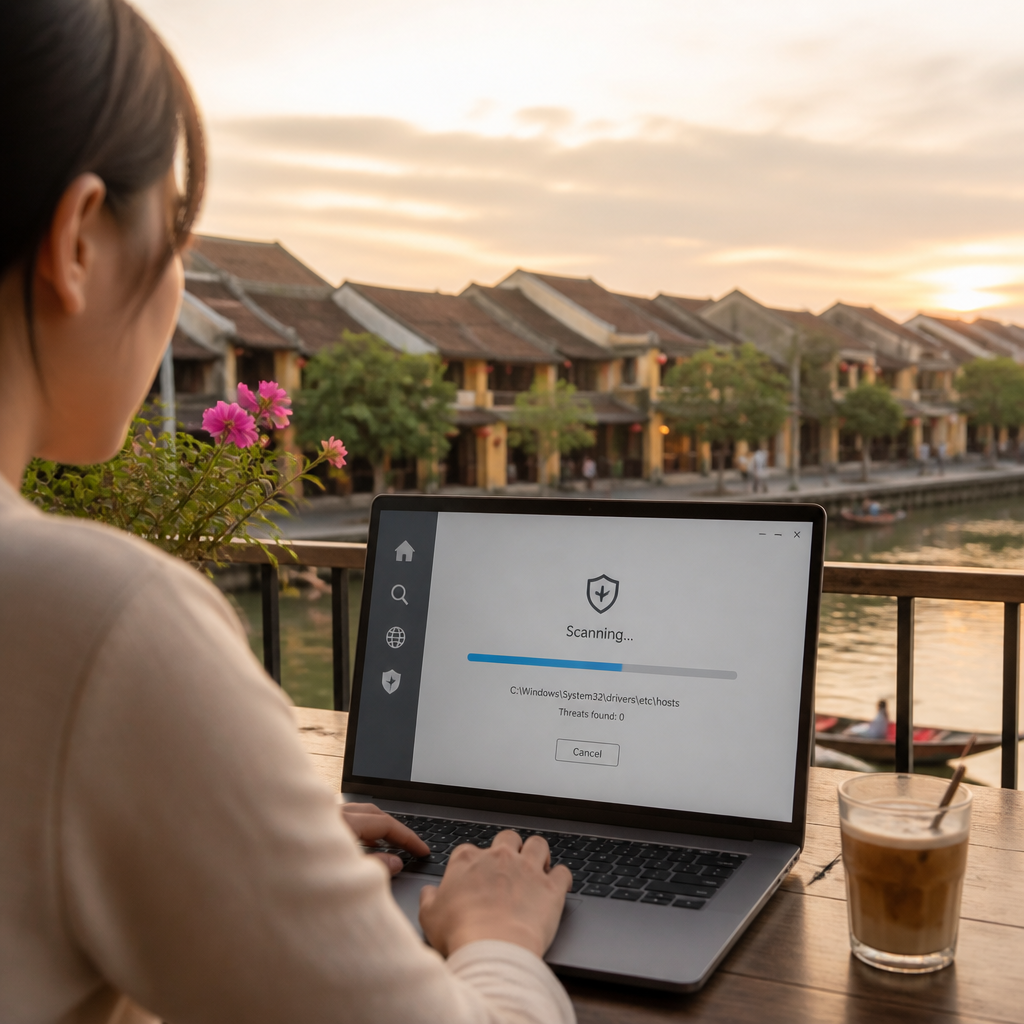 Màn hình laptop hiển thị giao diện phần mềm diệt virus đang quét hệ thống, minh họa quá trình chẩn đoán lỗi laptop liên quan đến phần mềm độc hại. Đây là bước quan trọng để đảm bảo an toàn dữ liệu và tối ưu hiệu suất.