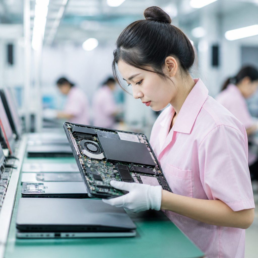 Hình ảnh một kỹ thuật viên đang kiểm tra các linh kiện bên trong laptop cũ