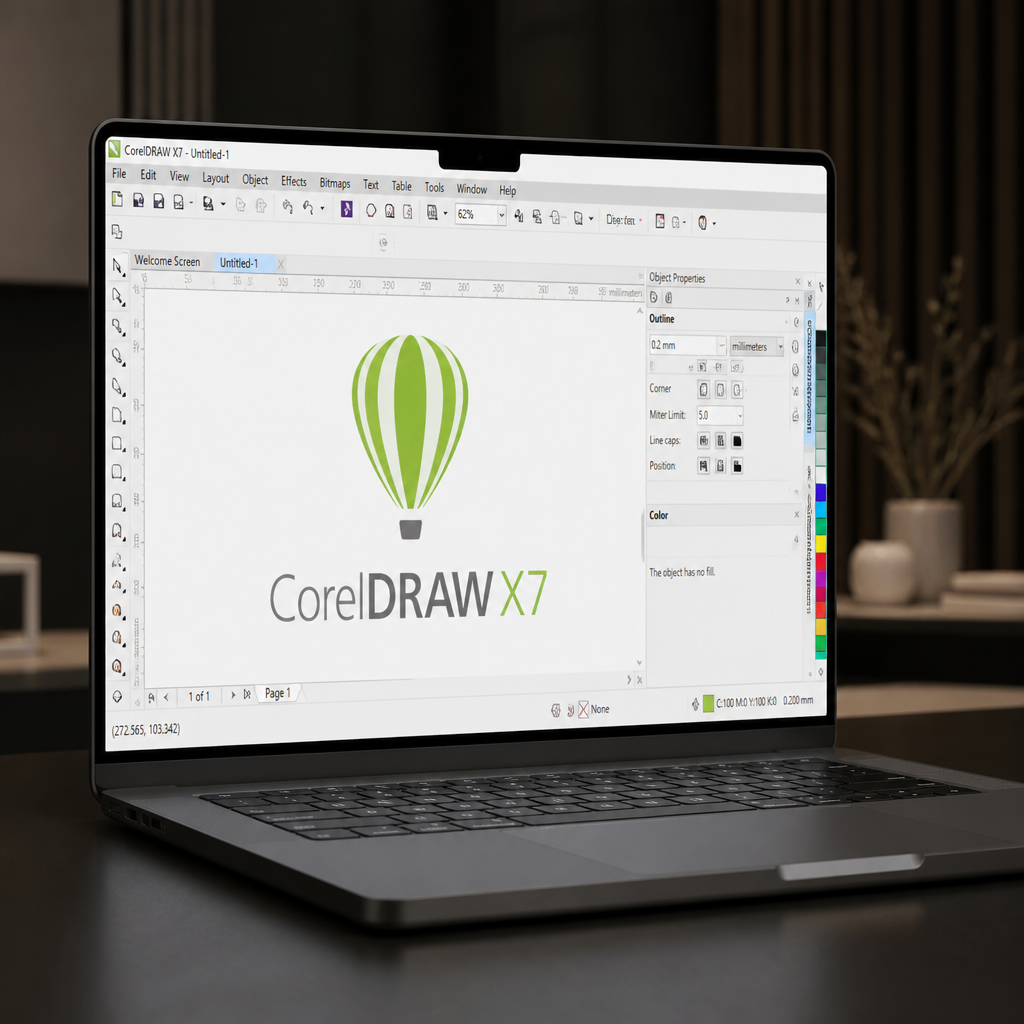 Giao diện CorelDRAW X7 với các thanh công cụ và không gian làm việc