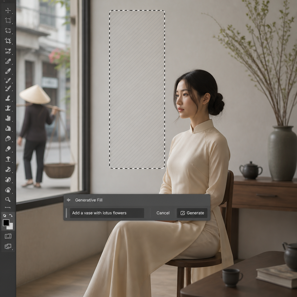 Giao diện Generative Fill trong Photoshop 2026 với các tùy chọn tạo, mở rộng và xóa đối tượng bằng AI