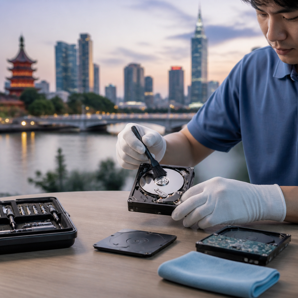 Bàn làm việc gọn gàng với laptop và ổ cứng ngoài, minh họa việc bảo dưỡng định kỳ giúp máy tính hoạt động ổn định