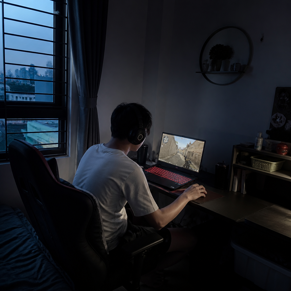 Laptop gaming Lenovo Legion 5 với đèn RGB rực rỡ trong không gian chơi game tối, thể hiện hiệu năng mạnh mẽ cho laptop cũ gaming 2026