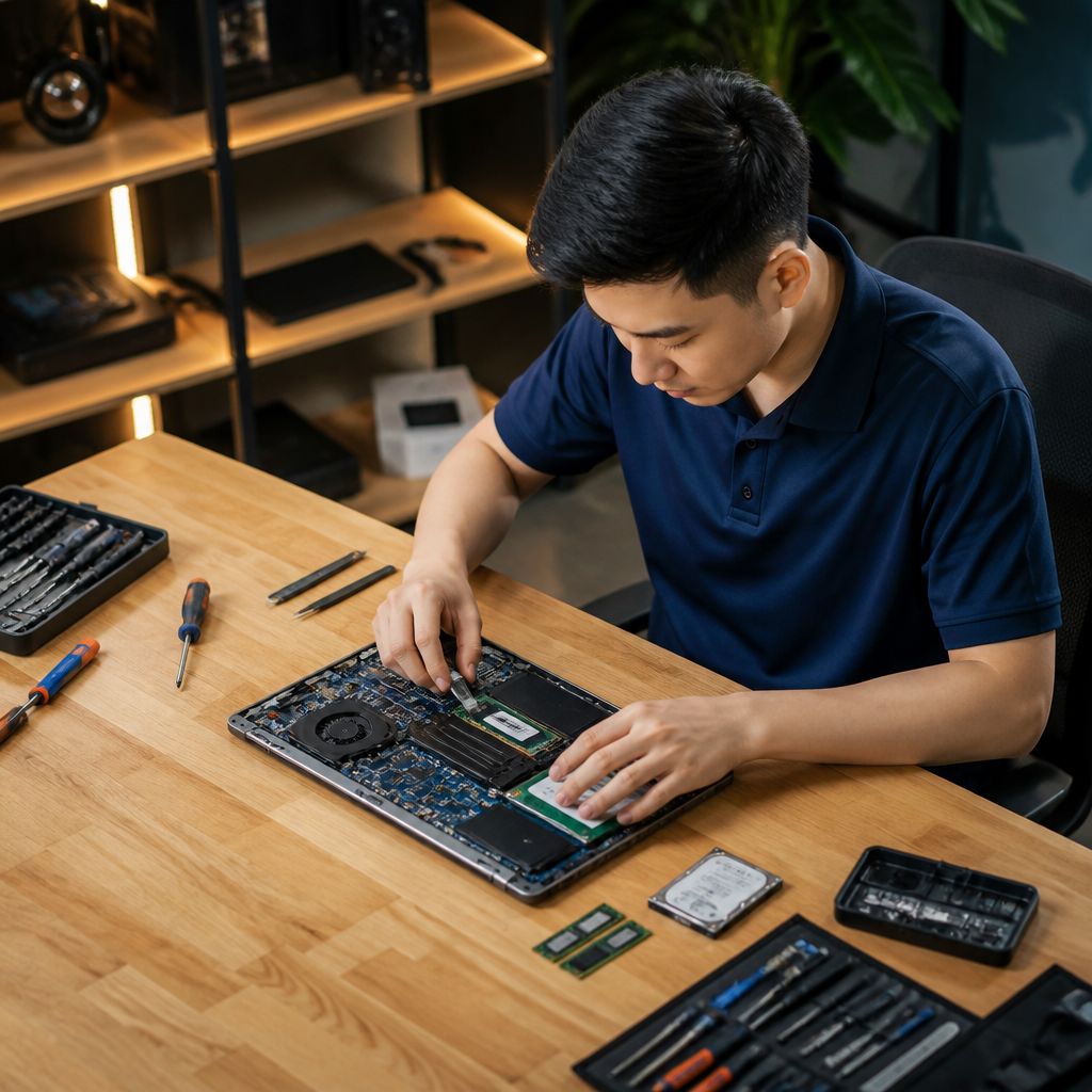 Kỹ thuật viên đang tỉ mỉ kiểm tra phần cứng của một chiếc laptop cũ tại phòng lab, thể hiện quy trình kiểm định chất lượng nghiêm ngặt của LaptopTCM.