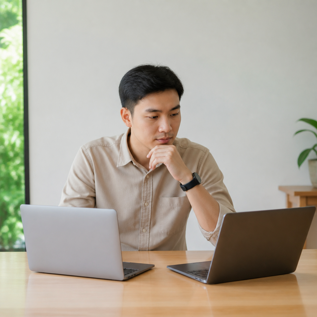 Một người dùng đang so sánh thông số kỹ thuật của các mẫu laptop cũ trên màn hình, thể hiện quá trình cân nhắc kỹ lưỡng để chọn mua laptop cũ uy tín và phù hợp với nhu cầu.