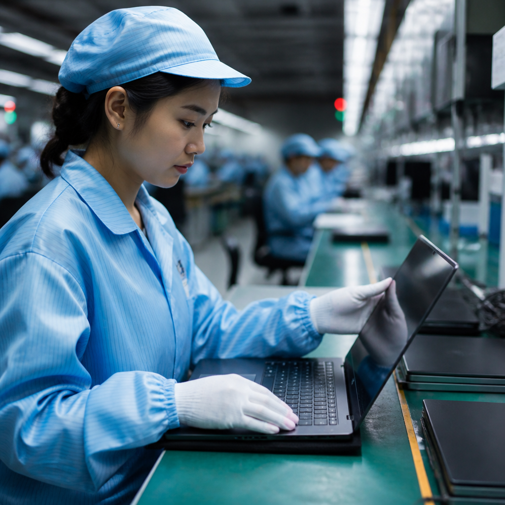 Kỹ thuật viên kiểm tra chất lượng laptop tại Laptoptcm để đảm bảo sản phẩm chính hãng