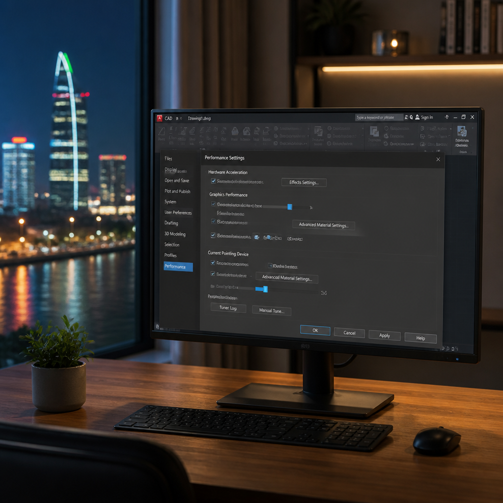 Giao diện cài đặt hiệu suất trong phần mềm AutoCAD 2013