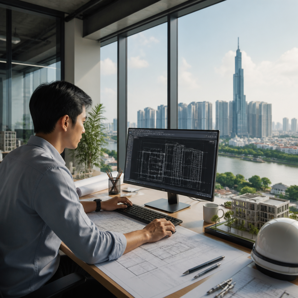 Kỹ sư đang làm việc hiệu quả với phần mềm AutoCAD trên máy tính