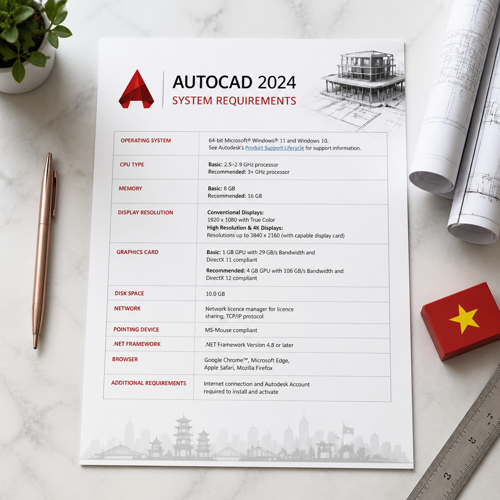 Biểu đồ cấu hình hệ thống cần thiết cho AutoCAD 2024