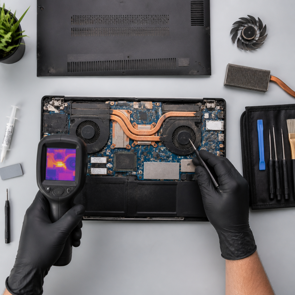 Kỹ thuật viên Laptoptcm đang kiểm tra lỗi laptop phổ biến 2026 gây quá nhiệt