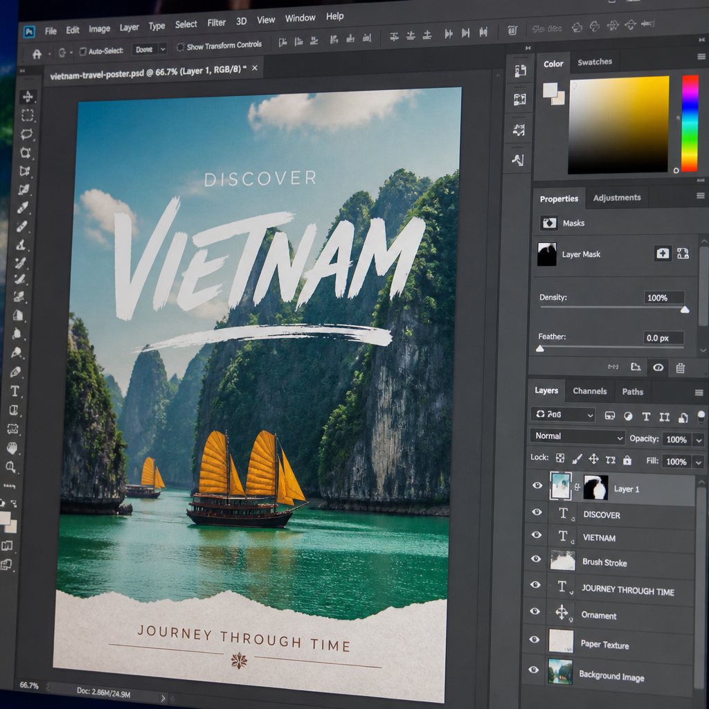 Giao diện Adobe Photoshop 2026 với các công cụ chỉnh sửa ảnh chuyên nghiệp và tích hợp AI