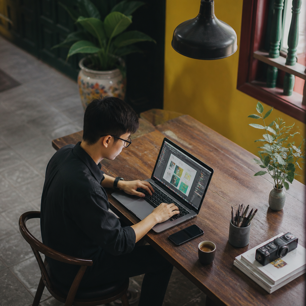 Sinh viên đang sử dụng laptop để thiết kế đồ họa với Photoshop
