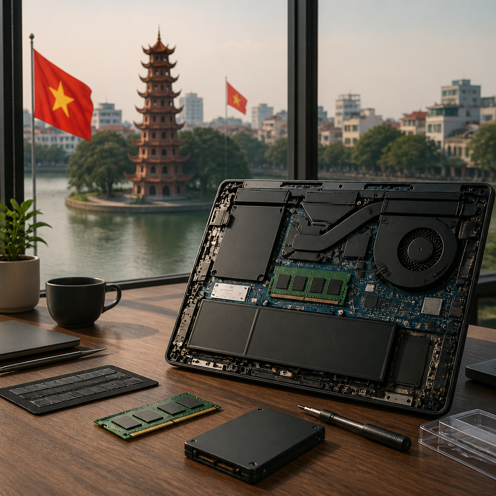 Kỹ thuật viên đang nâng cấp RAM và SSD cho laptop để tăng tốc độ xử lý và cải thiện hiệu suất.