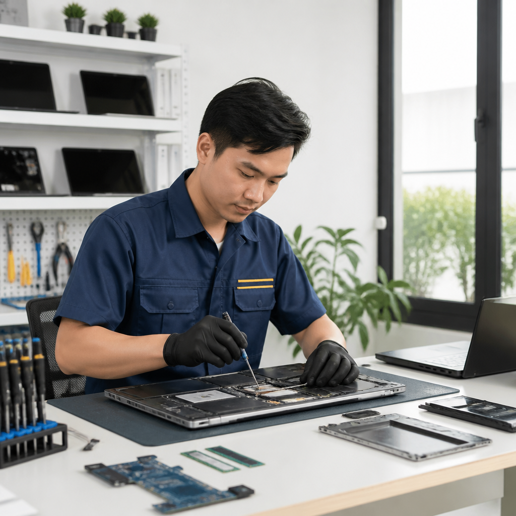 Kỹ thuật viên LaptopTCM đang kiểm tra lỗi phần cứng phức tạp của một chiếc laptop trong quy trình sửa chữa chuyên nghiệp.